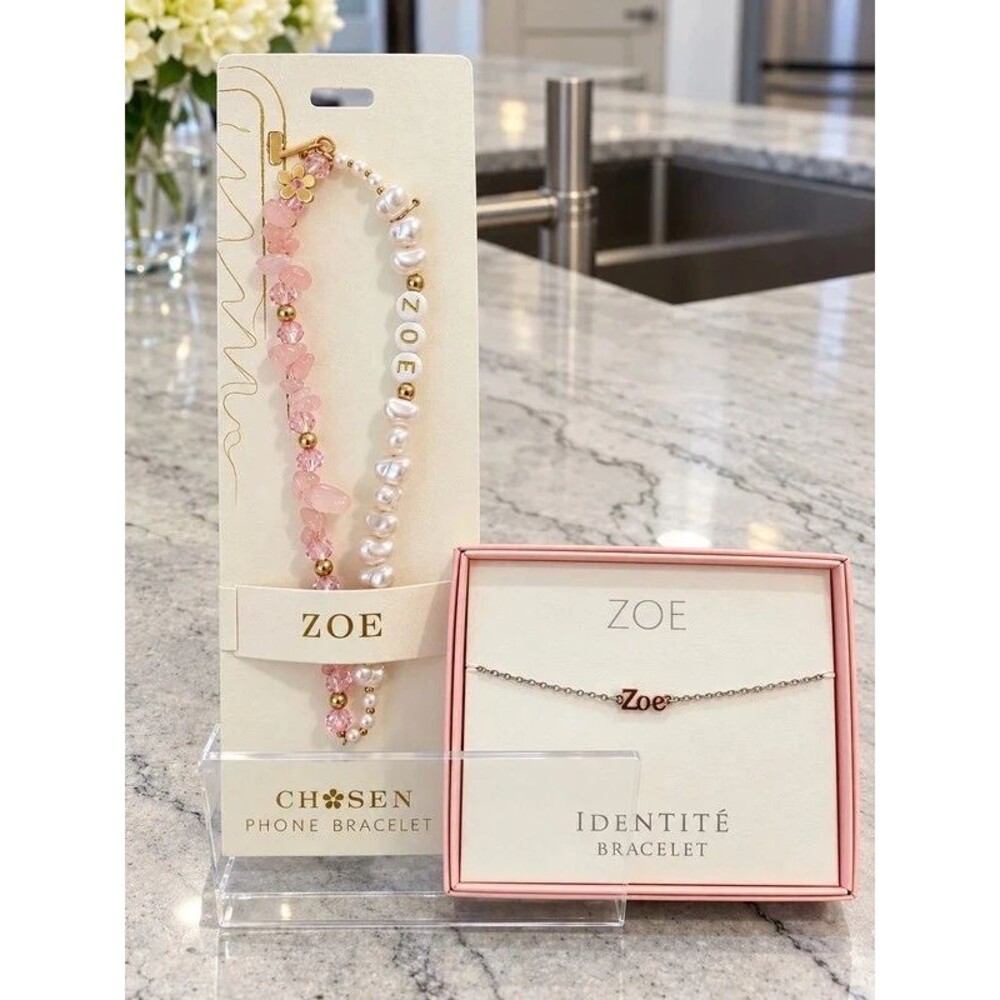 Personalized Zoe Wristlet, Rose Quartz Stone Phone Bracelet & Wrist Bracelet Set